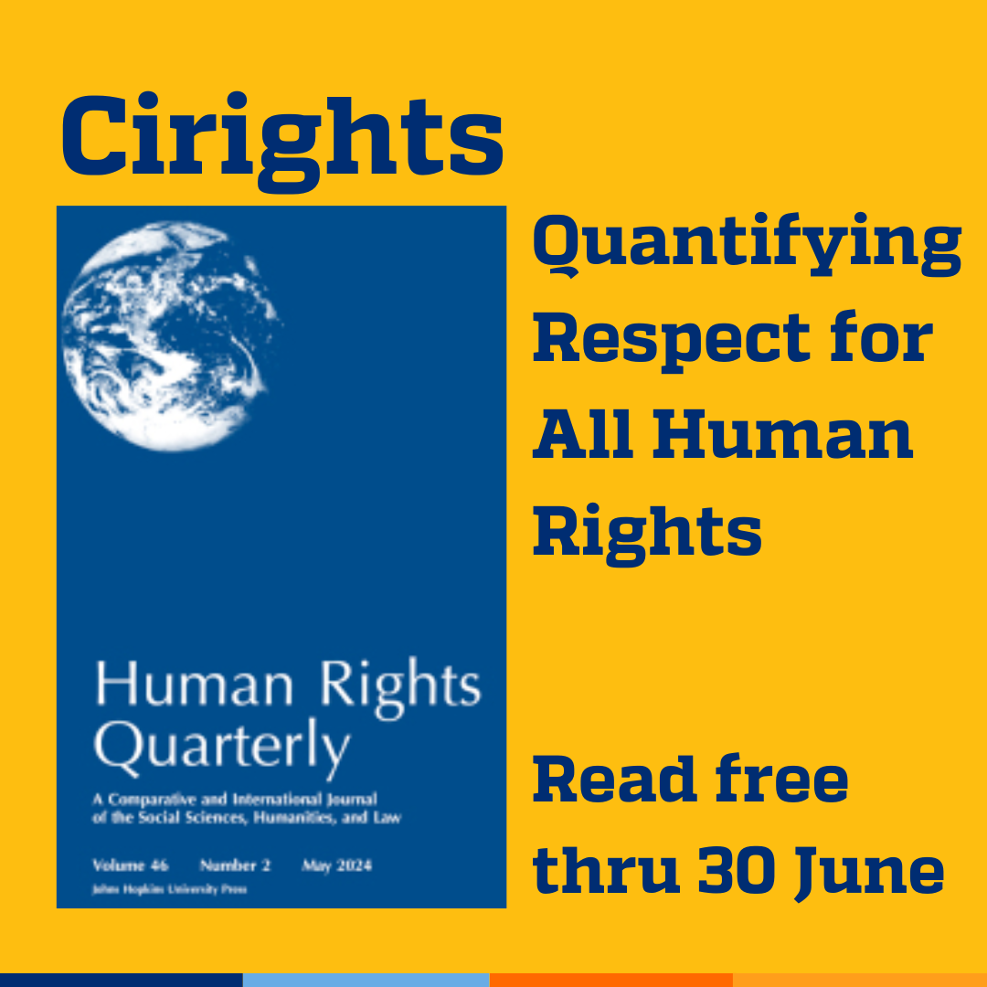 Promotional tile featuring cover art from the latest edition of Human Rights Quarterly and the text:  Cirights Quantifying Respect for All Human Rights Read free thru 30 June
