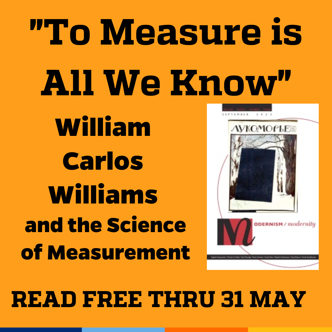 Promotional tile featuring the cover art from the September 2023 issue of Modernism/modernity and the text:  "To Measure is All We Know" William Carlos Williams and the Science of Measurement Read free thru 31 May 