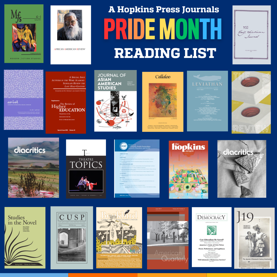 Pride Month Reading List promotional tiie featuring a collage of covers from the featured journals