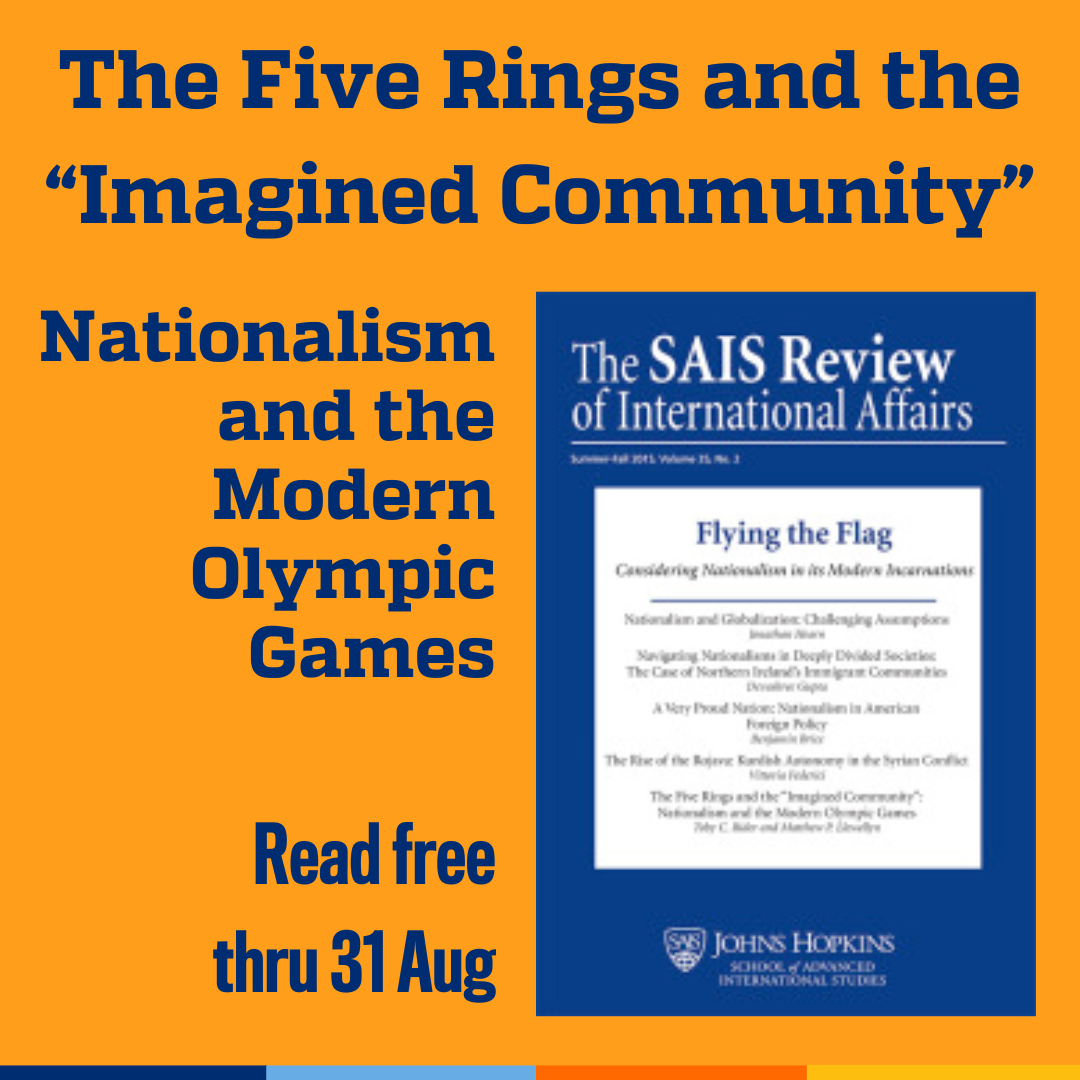Promotional tile featuring the cover art from the 2015 edition of SAIS Review of International Affairs and the text:  The Five Rings and the “Imagined Community”: Nationalism and the Modern Olympic Games Read free thru 31 Aug