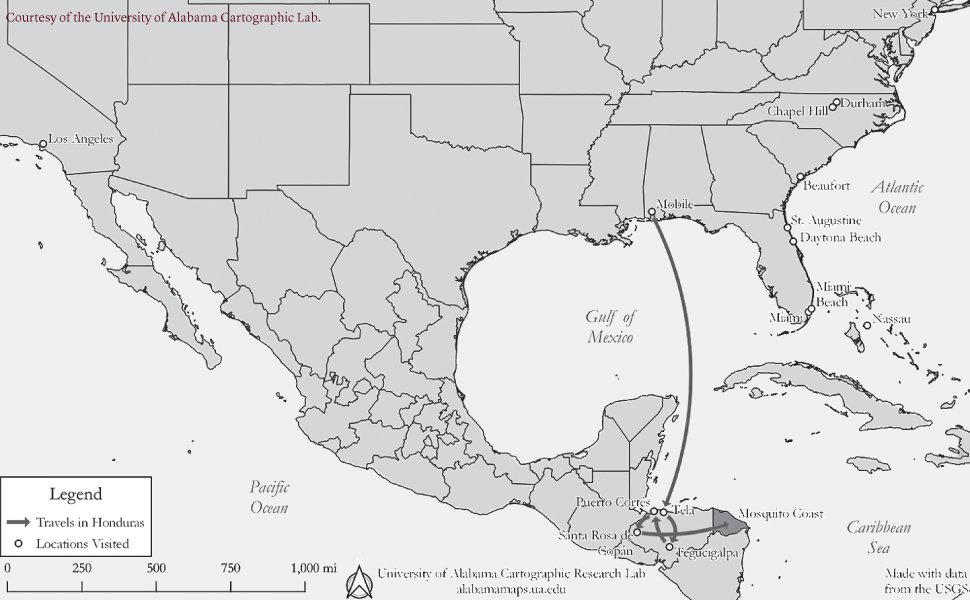 A map showing Zora Neale Hurston's trip from Alabama to Honduras