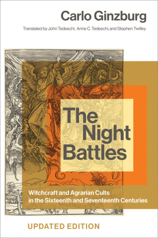 Cover of "The Night Battles" by Carlo Ginzburg, featuring tan and orange tones over a woodcut of angels and demons in combat.