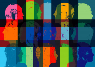 Abstract image od silhouettes in color facing different directions.