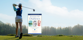 image of golfer teeing off with the winning with diabetes book cover on image