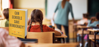 Can Schools Save Democracy book cover on blurry photo of class room