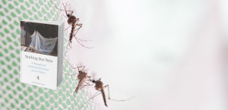 Mosquitos on a net, with the book cover for Nothing but Nets 