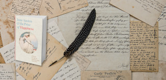 The cover for Jane Austen & the Price of Happiness, nestled amid images of old-fashioned letters.