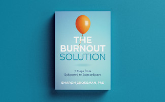 The book cover of The Burnout Solution featuring an orange balloon on a blue background.